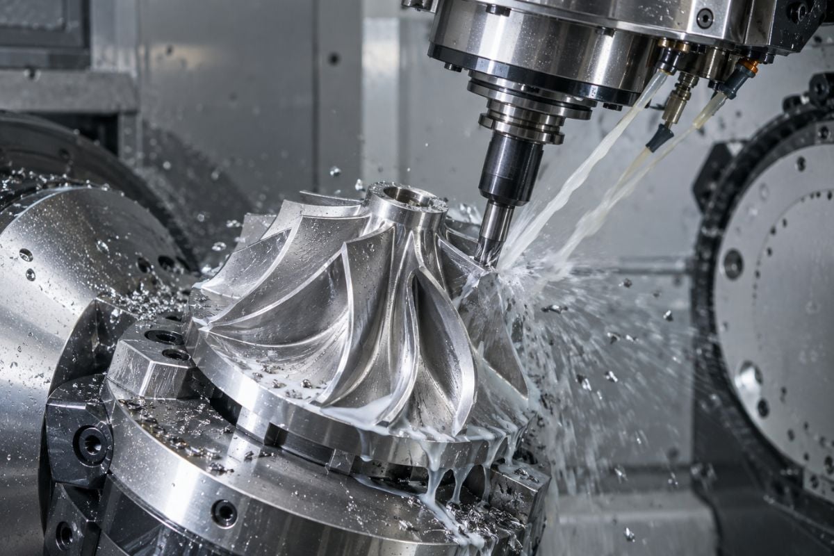 Five-axis CNC machining of a nickel-alloy aerospace component