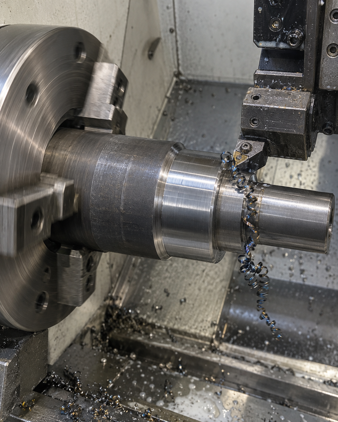 CNC turning a steeped steel shaft CNC turning a steeped steel shaft